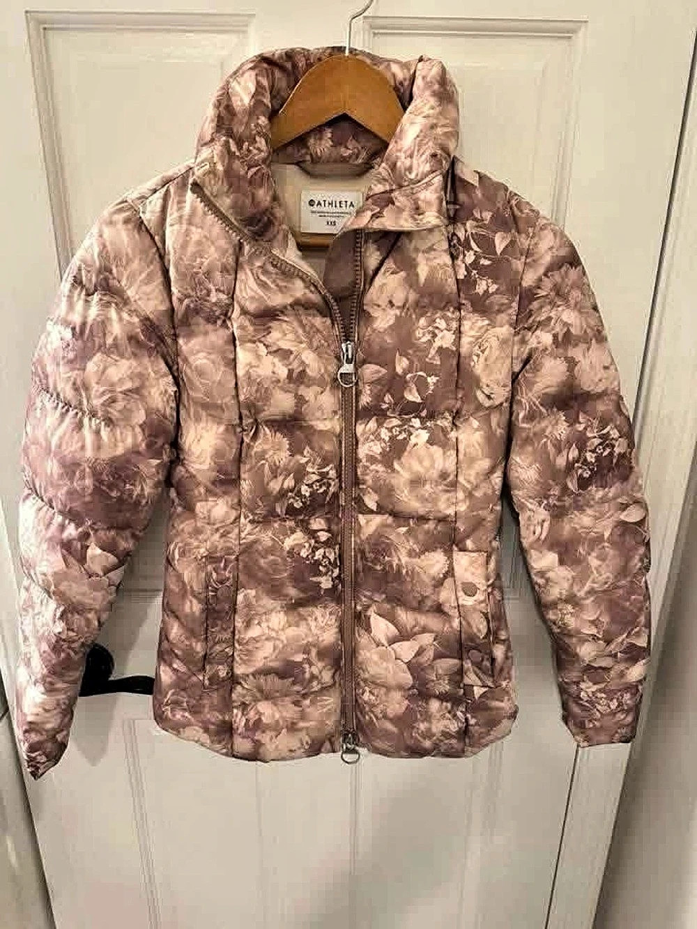 Athleta Downtown Jacket Floral Hooded Puffer Pink & Brown